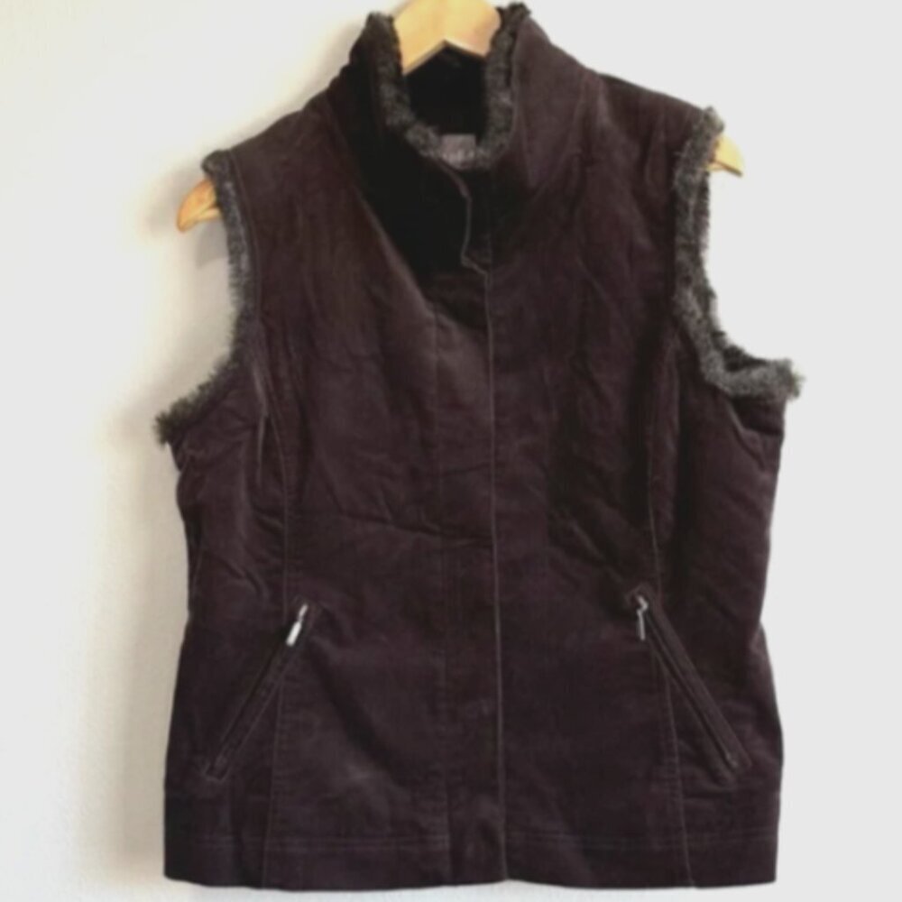 J Jill‎ Vest with Faux Fur Trim Sz M Chocolate Brown #360R